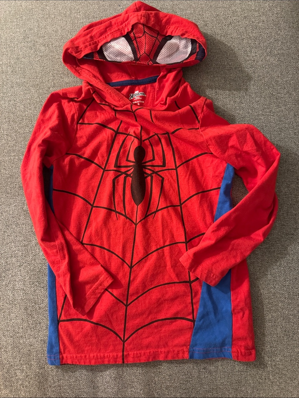 5/$15- Spiderman Red and Blue Hooded Kids Top with Spider Web Graphic
